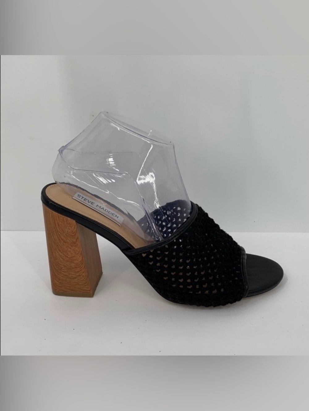 Steve Madden Cataleya slide heel sandal shoe black mesh wide strap mule wood 10